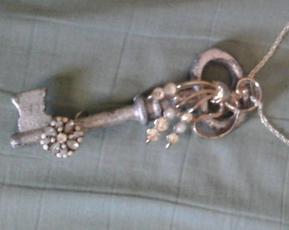 Rhinestone Embellished Key with Sterling Silver Chain 18"