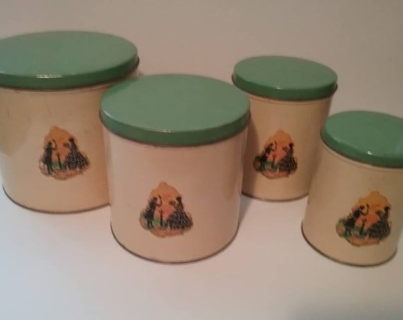Vintage Tin Canister Set, Retro Green and Gold 20/30's