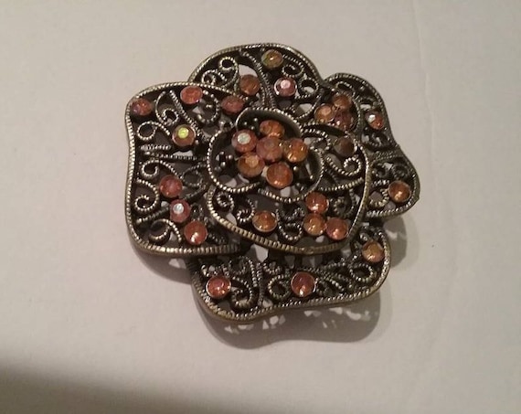 Vintage Filigree with Rhinestone Brooch, Dark Pewter Color