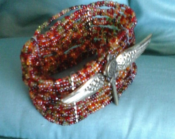Steampunk Beaded Stretch Cuff, Silver Plated Wings