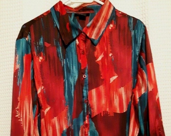 Vintage Plus Size Women's Blouse, Psychedelic Plus Size Blouse, Women's 3XL Vintage Blouse, Red and Blue Silky Plus Size button up Blouse