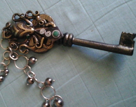 Women's Steampunk Octopus Necklace, Hematite Beads