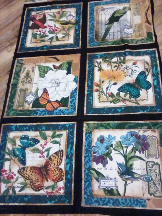 Birds and Butterflies Quilting Panel, Blue Fabric Panel of Birds and Butterflies, Sewing Panel