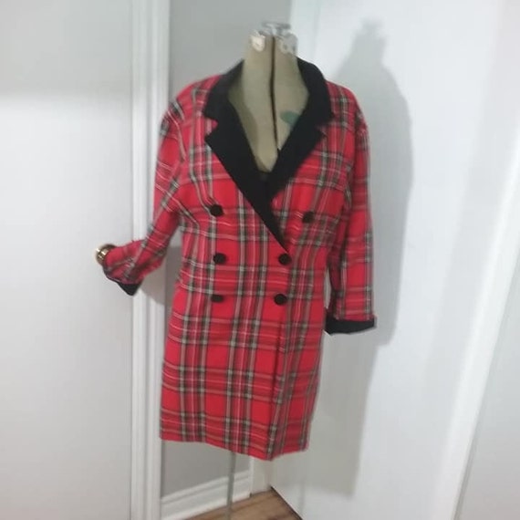 Vintage Coat Dress, 80's Red Plaid Coat Dress