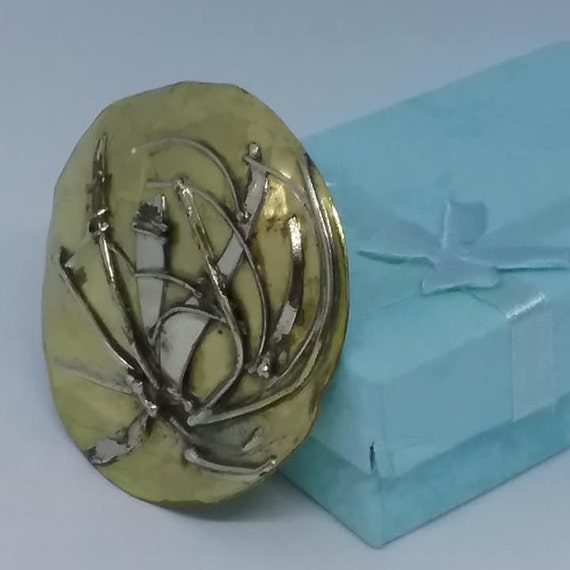 Modernist Mixed Media Artisan Brooch, Ruth Rosenfeld Signed
