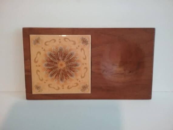 Mid-century Modern Cheese Board, Wood with Orange Tile