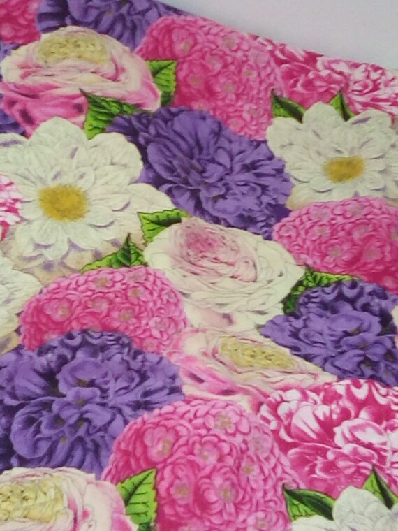 1 Meter Floral Cotton Fabric, Flowers in Pinks and Purples, Packed Flowers Print Fabric