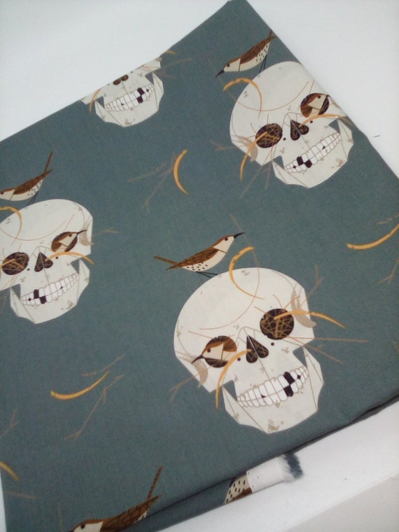 1 Yard Organic Cotton Novelty Fabric, Skulls With Nesting Birds, Skulls Material, Goth Glam