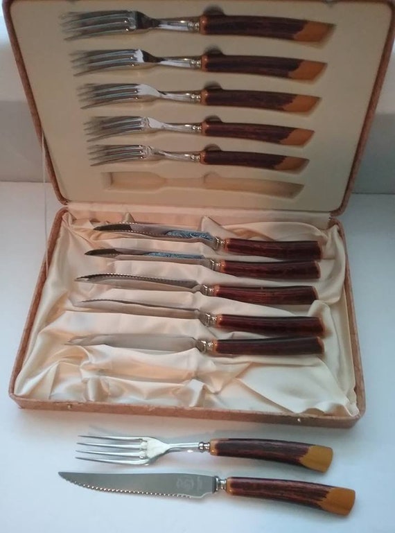 Vintage Glo Hill Steak Knives and Forks Set, Bakelite Handle