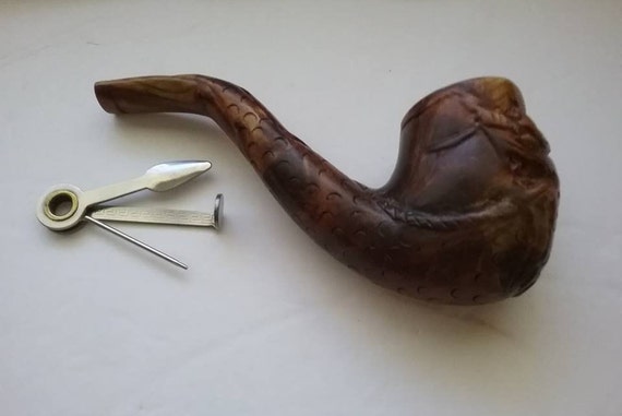 Vintage Wood Carved Tobacco Pipe, Case and Accessory