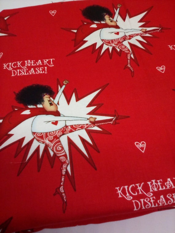 2 Yards Fight Heart Disease Cotton Novelty Fabric, Heart Disease Novelty Material, Kick Heart Disease Red Fabric,
