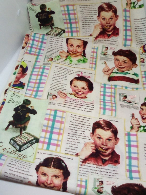2 Yards Licensed Kellogg Kids Vintage Print, Novelty Cotton Fabric, Vintage Kellogg Cereal Print Material