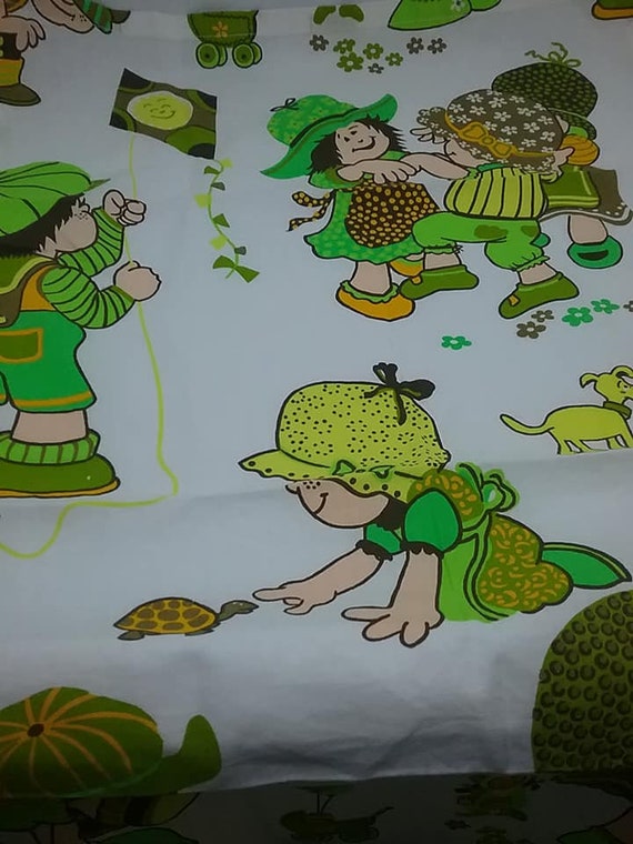 Vintage Children's Fabric Remnant, Cotton Material in Green and White, 1 Yard Children at Play Fabric