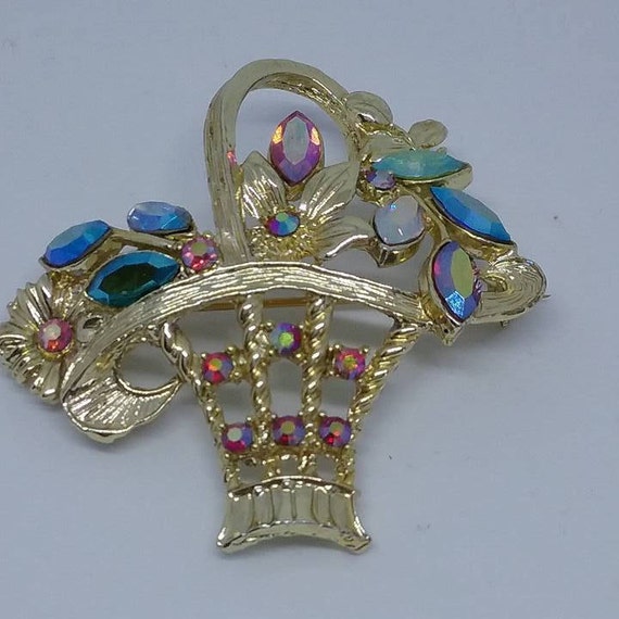 Vintage Rhinestone Signed Floral Brooch,