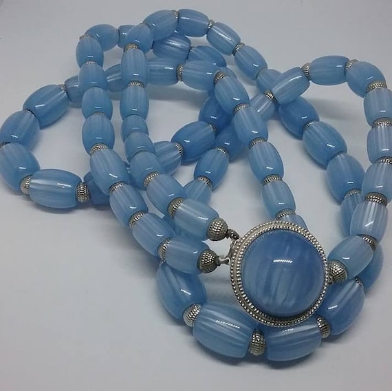 Vintage Trifari Necklace, Blue Moon glow Beads, Signed