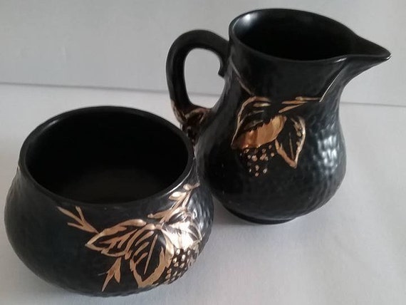 Vintage Wade Cream and Sugar Set, Black Velvet and Gold