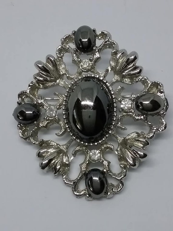 Vintage Victorian Revival Brooch, Hematite Cabochon, Rhinestones