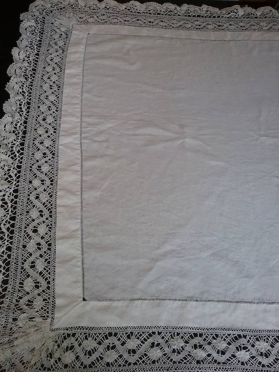 Vintage White Cotton and Lace, Monogram Tablecloth,