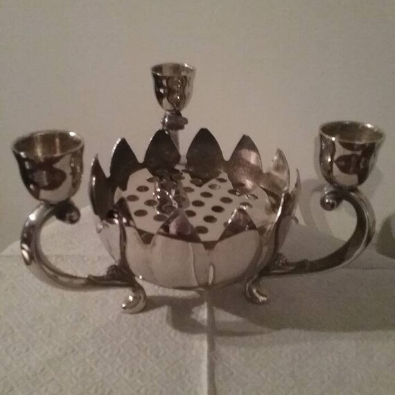 Silver Lotus Flower Vase and Taper Candle Holder, Silver Candle Holder, Vintage Silver Taper Candle Holder, Silver Candle Holder and Vase