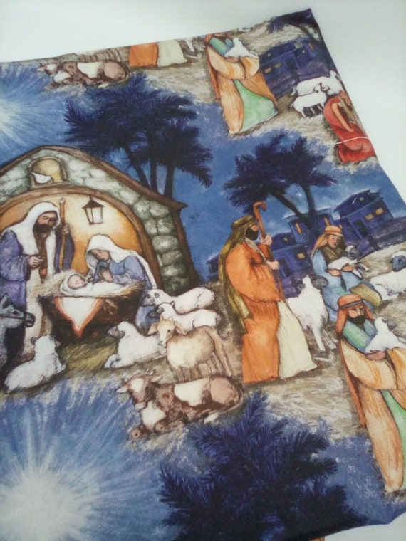 1 Yard Cotton Fabric, Christmas Nativity Print, Blessed Birth of Jesus Christ Fabric, Nativity Stable Theme Fabric