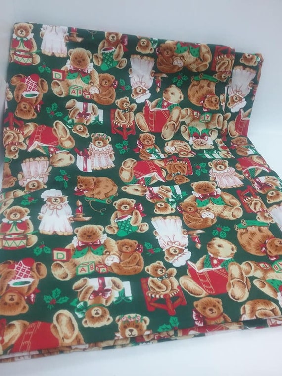 Christmas Material, Teddy Bears, Green Remnant, 1+ Yard Fabric