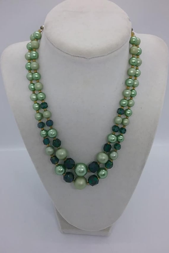 Double Strand Green Lucite and Glass Bead Choker, Japan