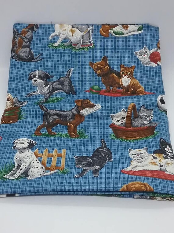 1+ Yard Novelty Material, Playful Puppies and Kittens, Cotton Blue Check Fabric