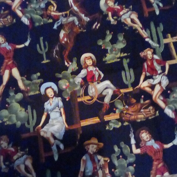 1 Yard Cotton Novelty Fabric, Retro Pin-Ups Print, 100% Cotton Pin-Ups on Black Background, Country Girl Pin-Ups