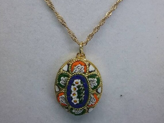 Vintage Micro Mosaic, Italian Glass Pendant, 10K Gold Chain