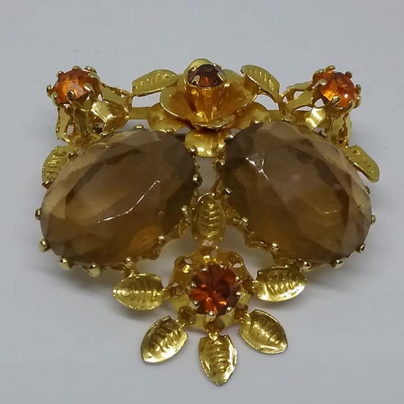 Vintage Austrian Art Glass Rhinestone Brooch, Brown and Amber