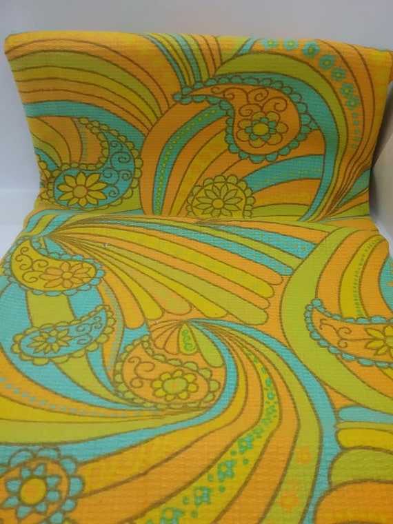 60's Retro Psychedelic Fabric, Groovy Orange, Yellow and Turquoise