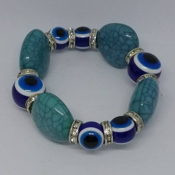 Evil Eye Stretch Bracelet, Semi Precious Stone and Bead