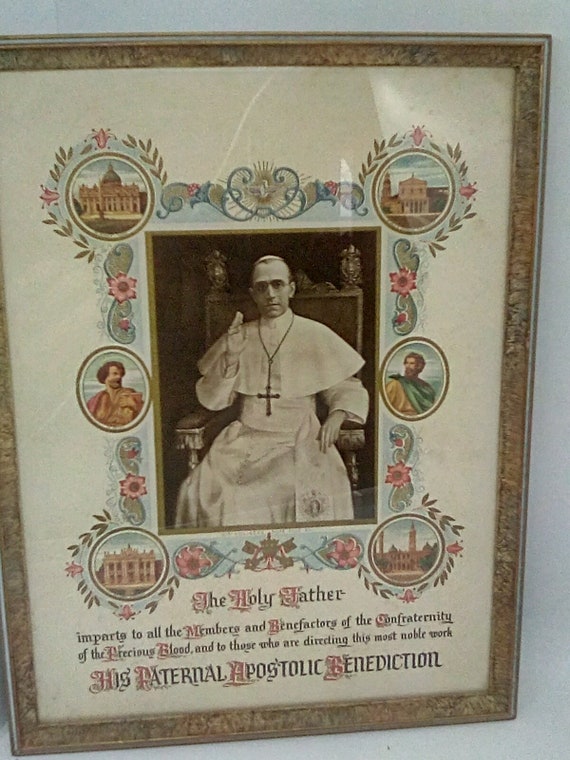 Framed Pope Pius XII Vintage Picture, Catholic Pope Vintage Souvenir Print Framed, Holy Benediction 1947, The Holy Father