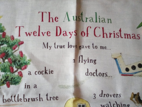 Vintage Linen Tea Towel, Australian 12 Days of Christmas, Australian Tea and Souvenir Linen Towel