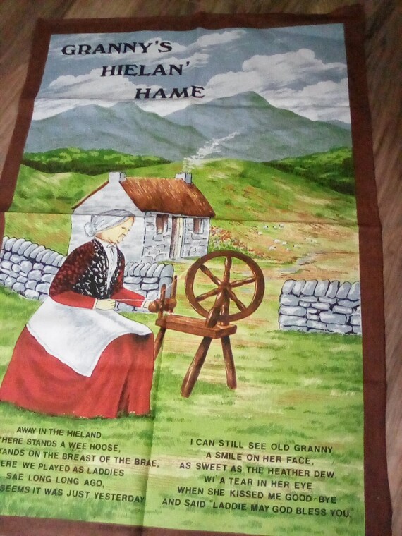 Vintage Cotton Tea Towel, Scottish Souvenir Tea Towel, Scottish Poem of the Highlands, Granny's Hielan' Hame