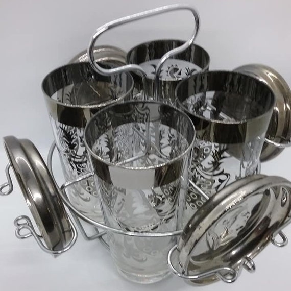 1960's Kimiko Guardian Ware Drink Glasses, Coasters and Caddy