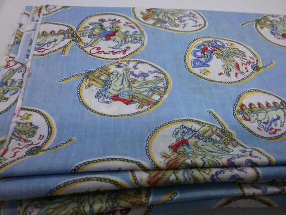 Vintage Child's Cowboy Cotton Material, 3 Uncut Yards Fabric,