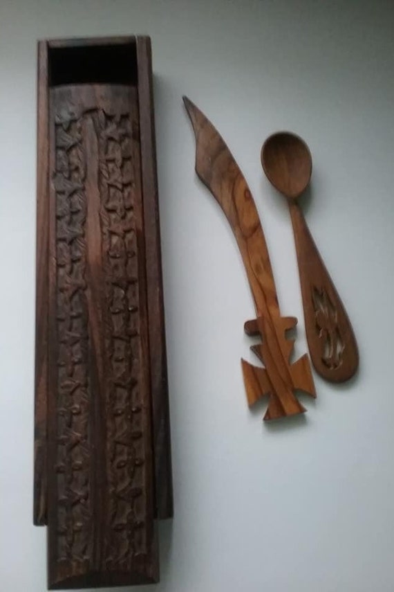Vintage Wood Carved Box c/w Spoon and Knife
