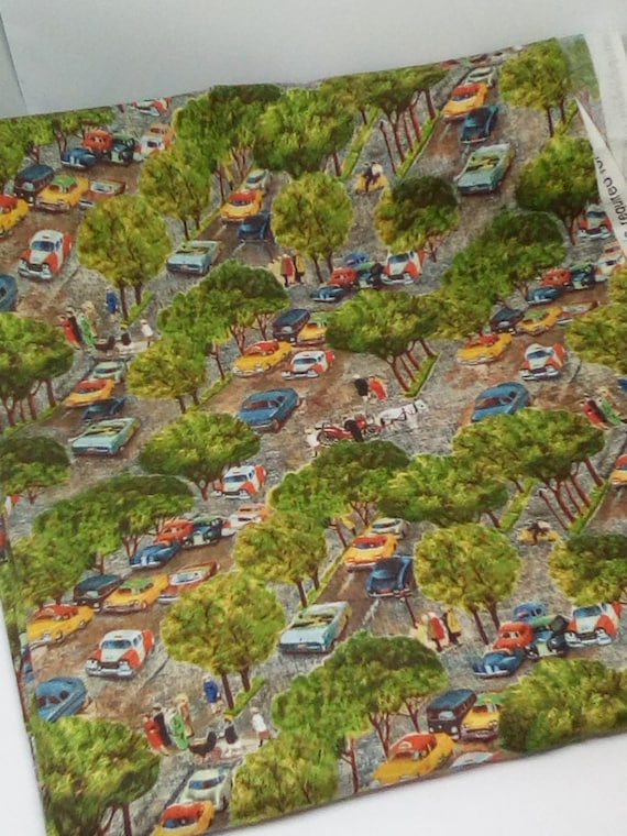 Quilting Cotton Fabric, Central Park Material, Vintage Cars Fabric, Central Park Novelty Fabric