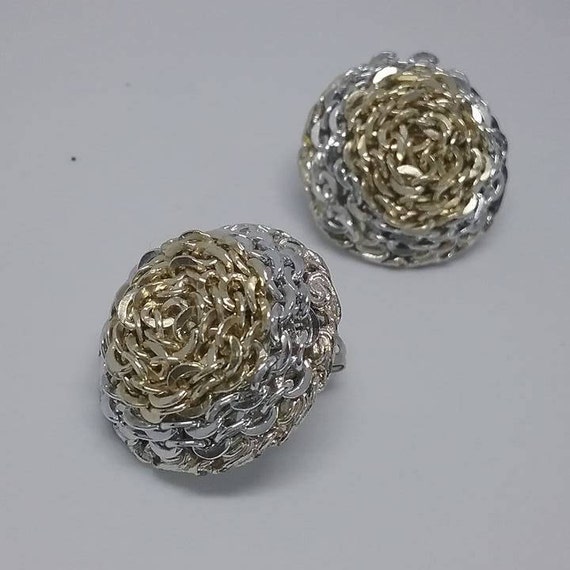 Silver and Gold Filigree Earrings, Fine Filigree Button Earrings, Gold and Silver Filigree Button Earrings, Vintage Filigree Button Earrings