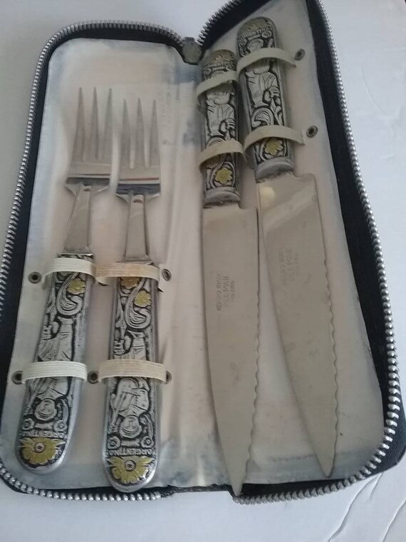 Argentina Stainless Steel Knives and Fork Set, Vintage Acero Inox Pramar Ind Argentina Tendor and Cuchillo, Two sets Stainless Steel Cutlery