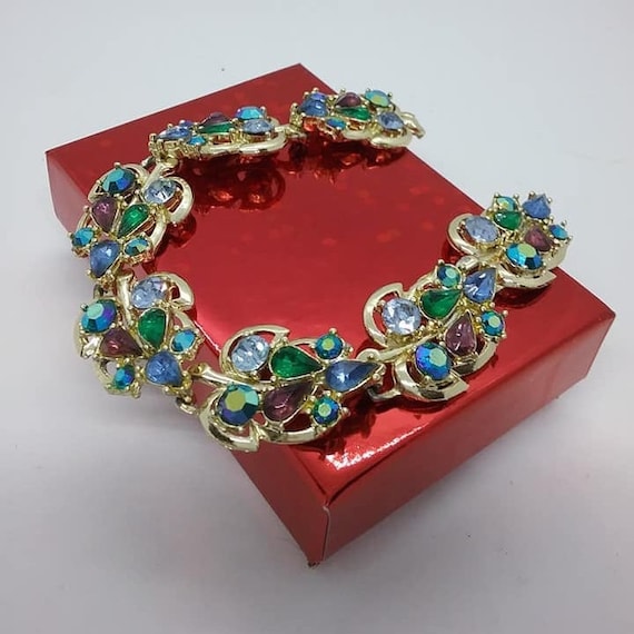 Fruit Salad Rhinestone Choker, Gold Tone Chain Setting and Prongs