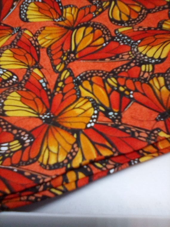 1 Yard Cotton Fabric, Monarch Butterflies on Orange Cotton Fabric, Butterflies Cotton Material