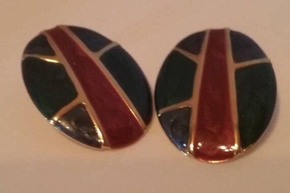 Vintage Art Deco Pierced Earrings, Vintage Enamel Geometric Earrings, 80s Retro Enamel Pierced Earrings, Green and Burgundy Vintage Earrings