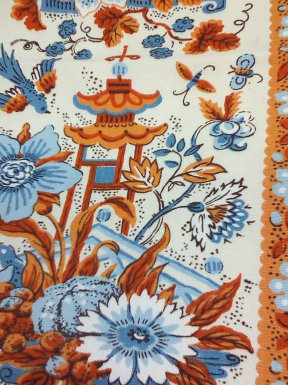 1.3 Yards Retro Floral Fabric, Blue and Orange, Waverly Original,Scotchguard, Mid-century Modern Look
