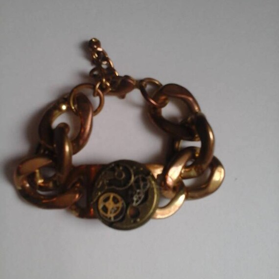 Men's Thick Brass Chain Link Bracelet with Watch Parts Pendant, Steampunk men's Chain Bracelet, Steampunk Men's Jewelry, #SteampunkGears,