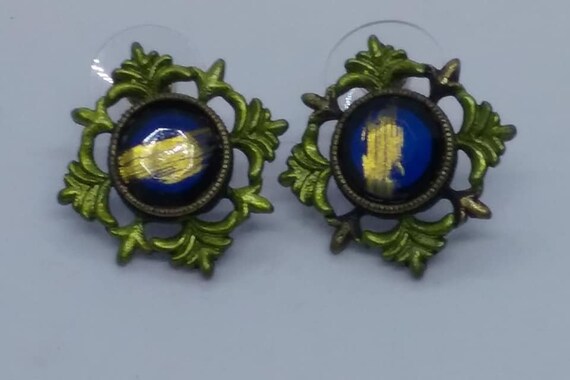 Vintage Pierced Cobalt Blue, with Gold Flake Earrings