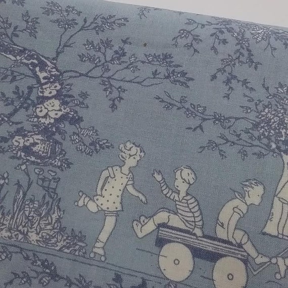 Half Yard Material, Pastel Blue and White, Delft-like, Children Playing