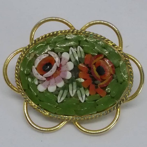 Vintage Micro Mosaic Brooch, Italian Glass