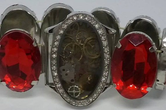 Faux Ruby Bracelet, Cos Play Statement Bracelet, Ruby Red, Steampunk Gear Locket Bracelet, Victorian Steampunk Bracelet Cuff in Ruby Red